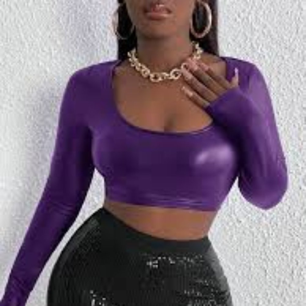 Long Sleeve PU Leather Crop Top